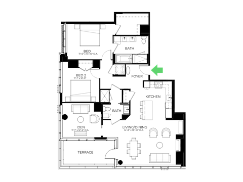 Floor plan for 2 beds, 2.5 baths, 1523 sqft